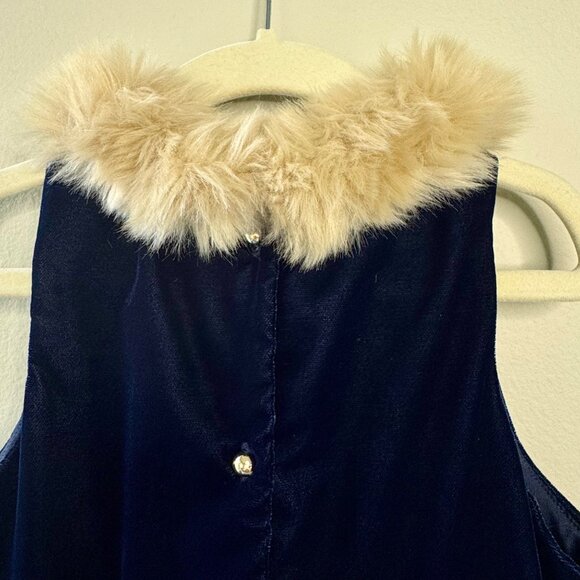 JANIE AND JACK Wide Leg Velvet Jumpsuit Girls 8 Navy Blue Faux Fur Collar Romper - Picture 5 of 8